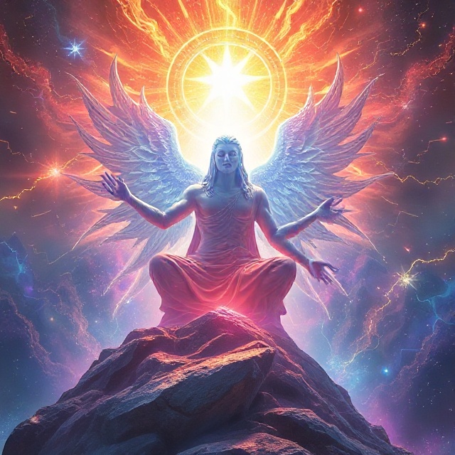 A divine, god-like figure manipulating cosmic energy, representing the God Level Booster.
